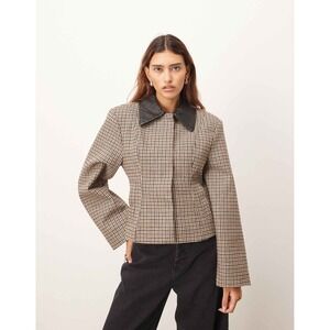 Arrange Plaid Structured Jacket Contrast Leather Collar Size 0